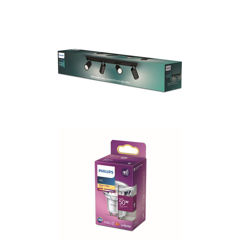 Verpackung für eine schwarze Philips-Deckenleuchte und eine kleine Philips-LED-Glühbirne.