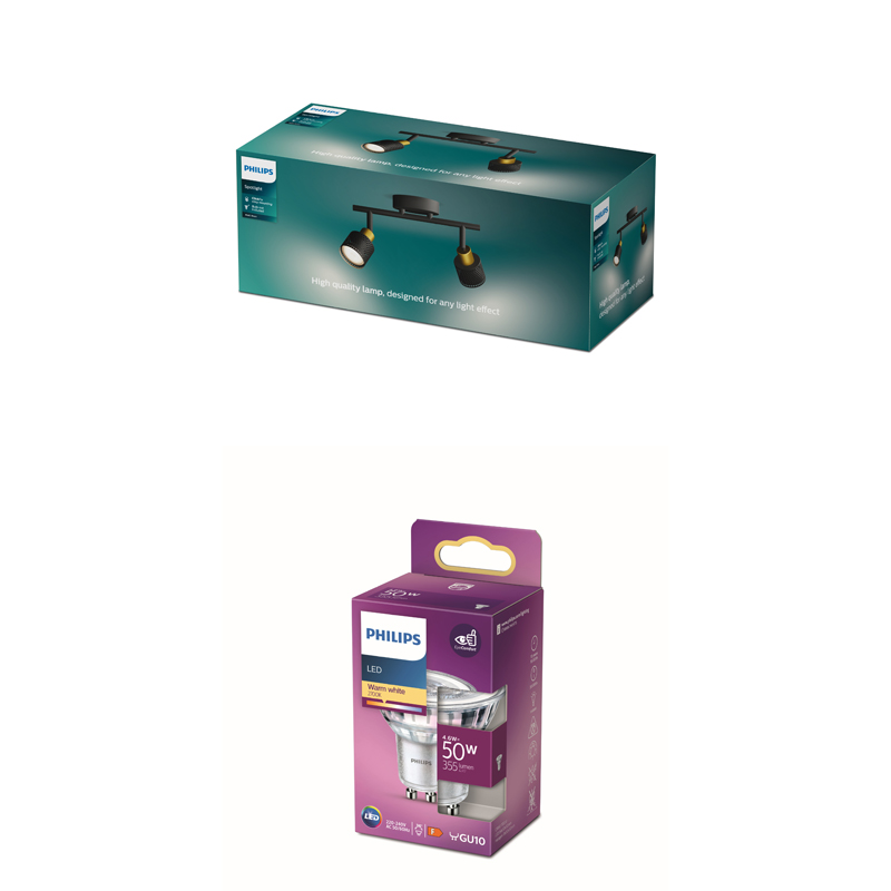 Deux boîtes de produits Philips : une boîte sarcelle avec un spot noir et une boîte violette avec une ampoule LED GU10.