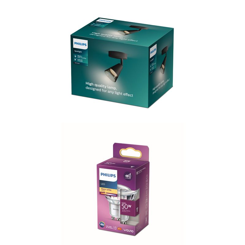 Emballage d'une lampe LED Philips noire avec des détails techniques.