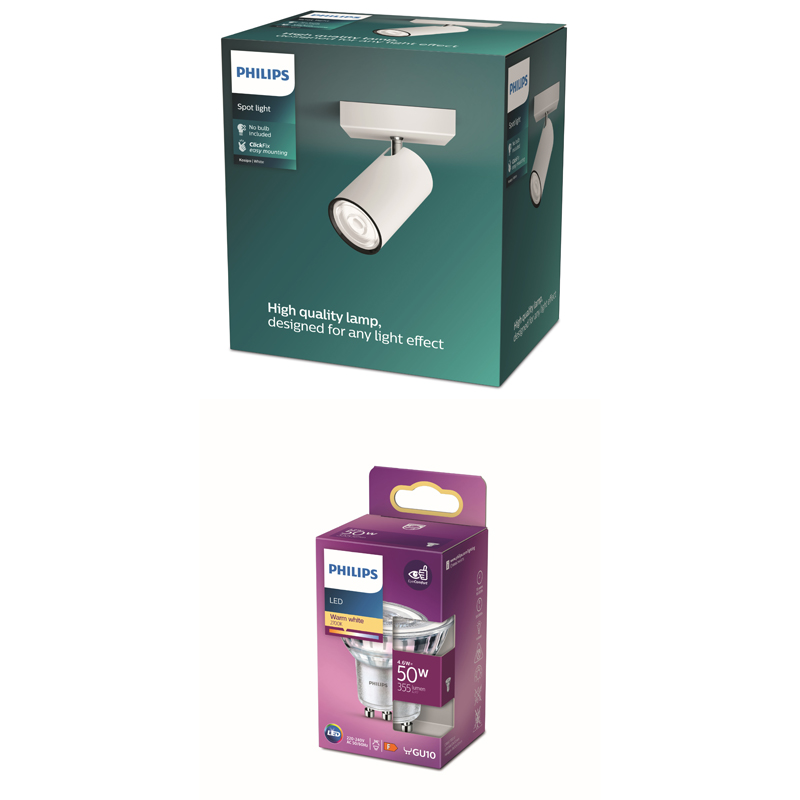 Spot Philips en boîte verte et ampoule LED Philips en boîte violette sur fond blanc.