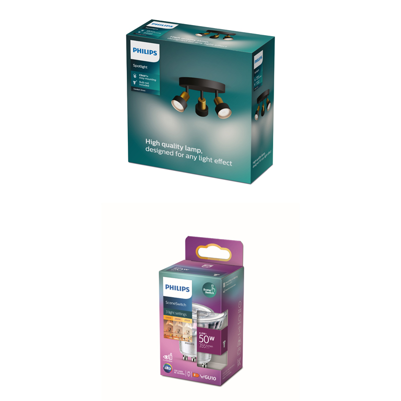 Verpackungskarton für einen Philips-Strahler mit drei schwarz-goldenen, verstellbaren Leuchtköpfen.