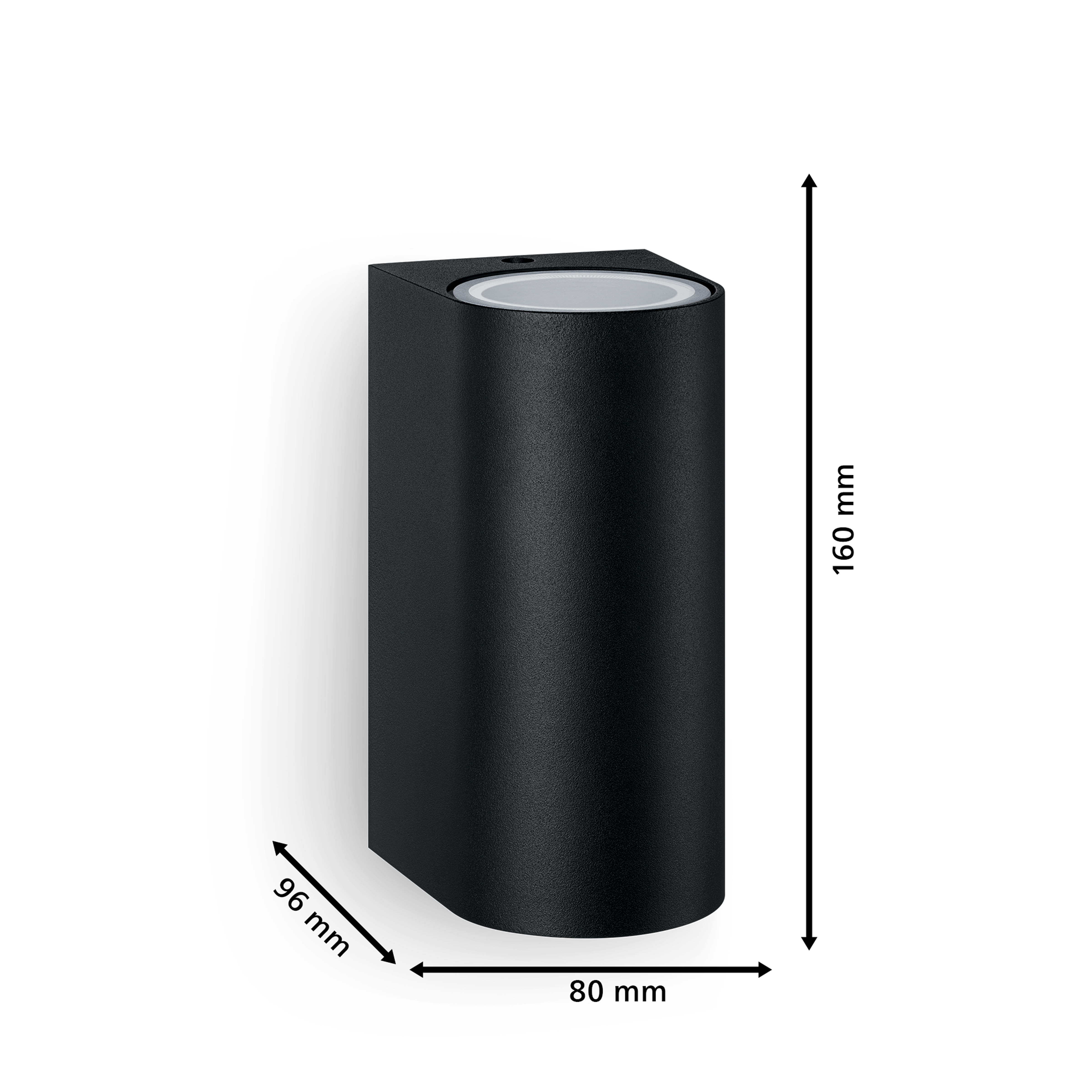 Schwarze Wandleuchte mit Abmessungen von 160 mm Höhe, 80 mm Breite und 96 mm Tiefe auf weißem Hintergrund.