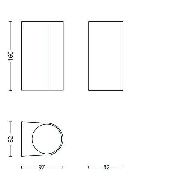 Dessin technique d'un objet rectangulaire avec des dimensions de 160, 97 et 82.