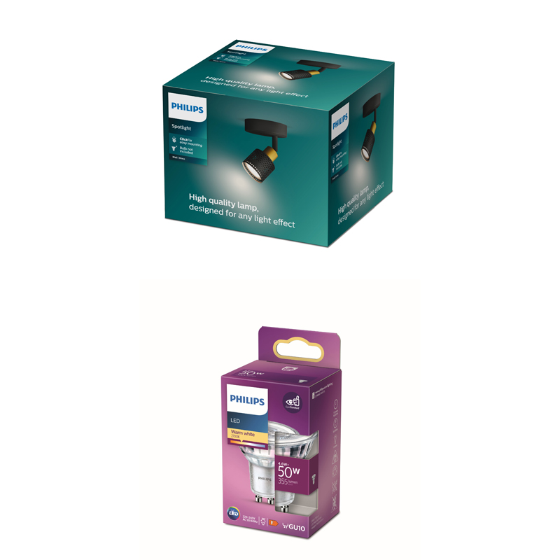 Philips-Strahler-Verpackungskarton mit Produktfoto auf weißem Hintergrund.