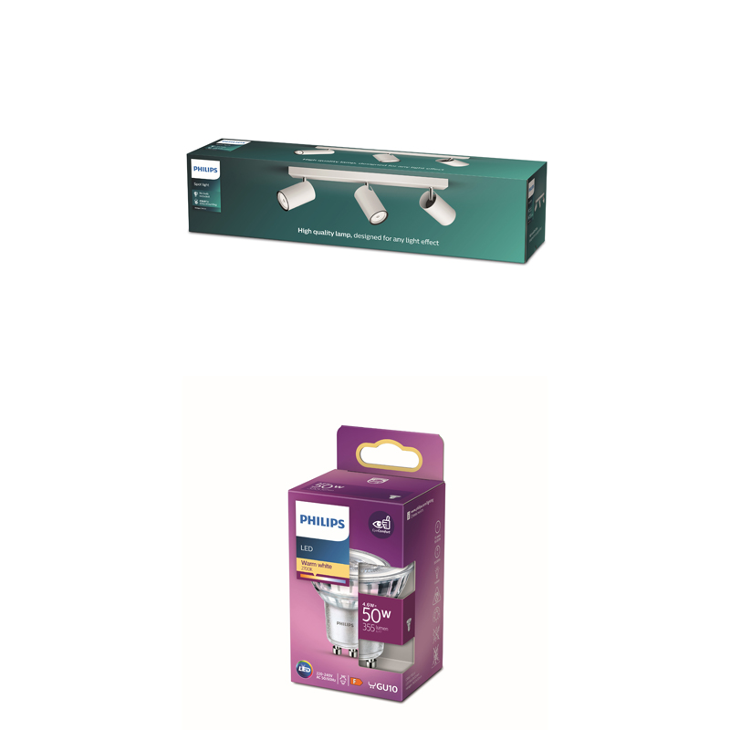 Emballage d'ampoule LED Philips et boîte rectangulaire de spots Philips sur fond blanc.