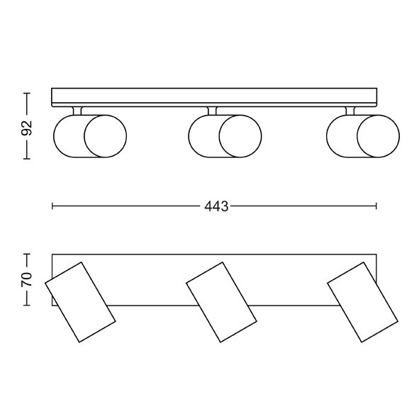 Dessin technique d'un luminaire à triple spot avec dimensions en millimètres.