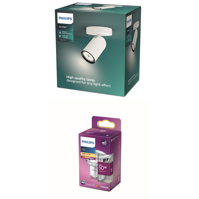 Eine Philips Spot-Verpackung in Türkis zeigt eine weiße Deckenleuchte und Text.