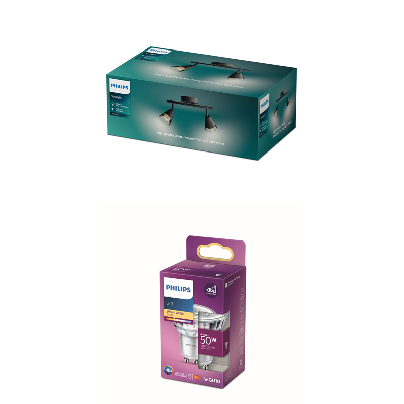 Philips-Verpackungen zeigen eine schwarze LED-Deckenleuchte und eine GU10-Glühbirne.