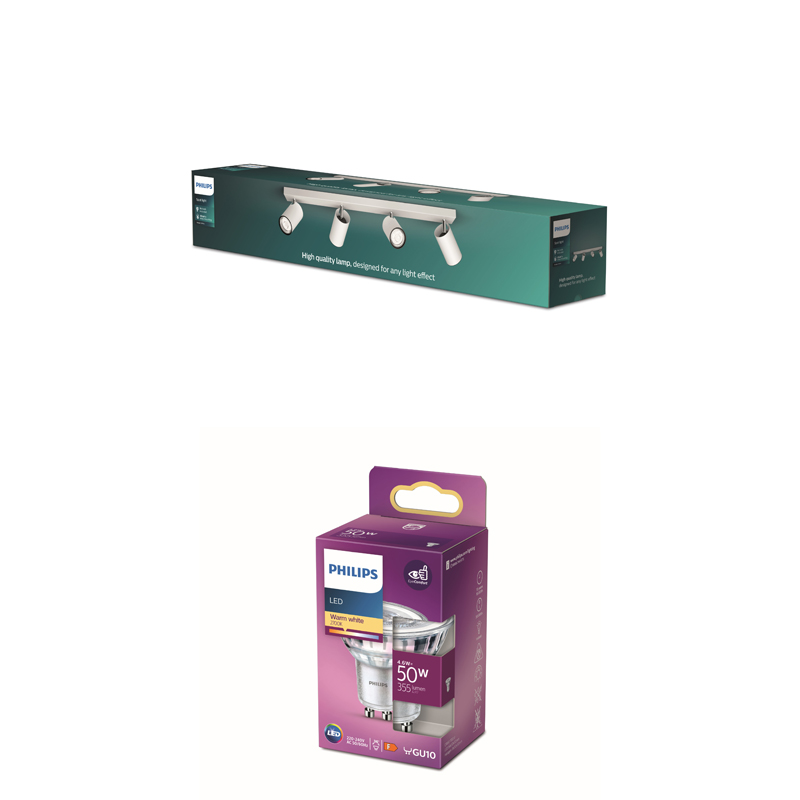 Emballage d'une ampoule LED Philips et d'un kit de spots Philips sur fond blanc.