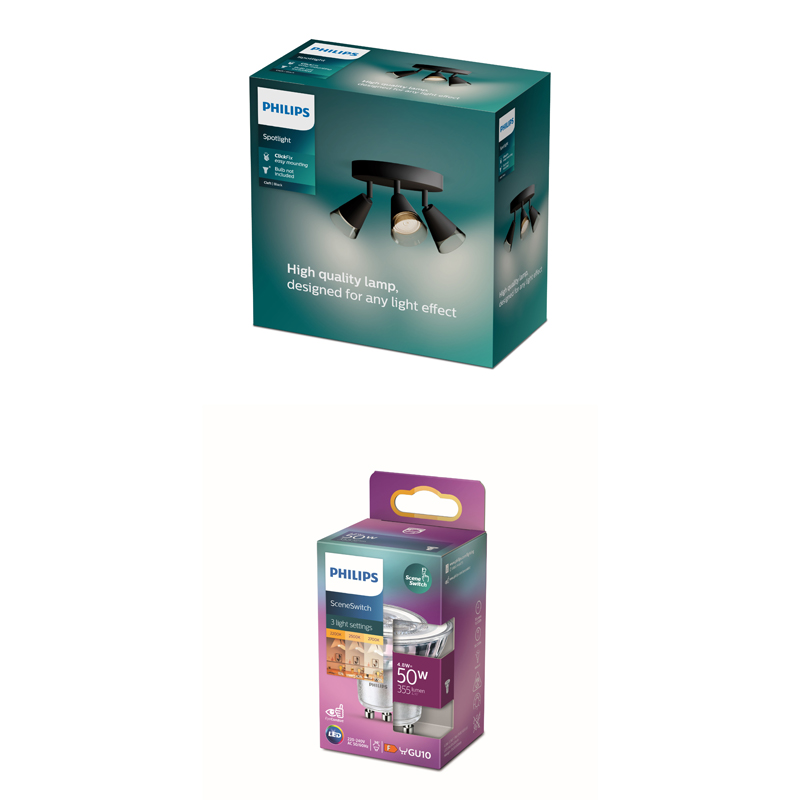 Des boîtes d'emballage Philips montrent un spot noir et une ampoule LED sur fond coloré.