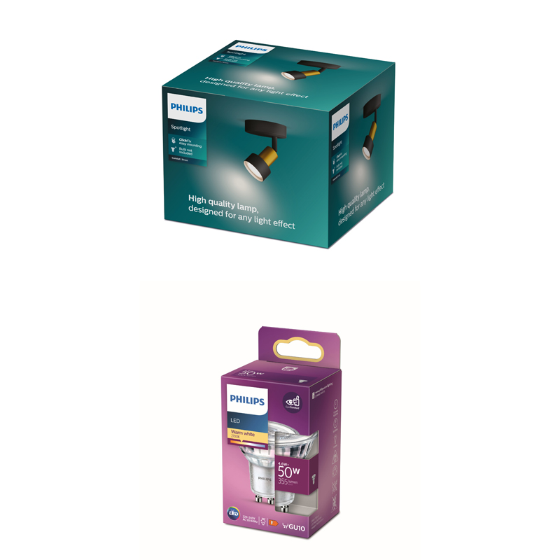 Emballage d'une lampe LED Philips et d'un spot Philips dans deux boîtes séparées.
