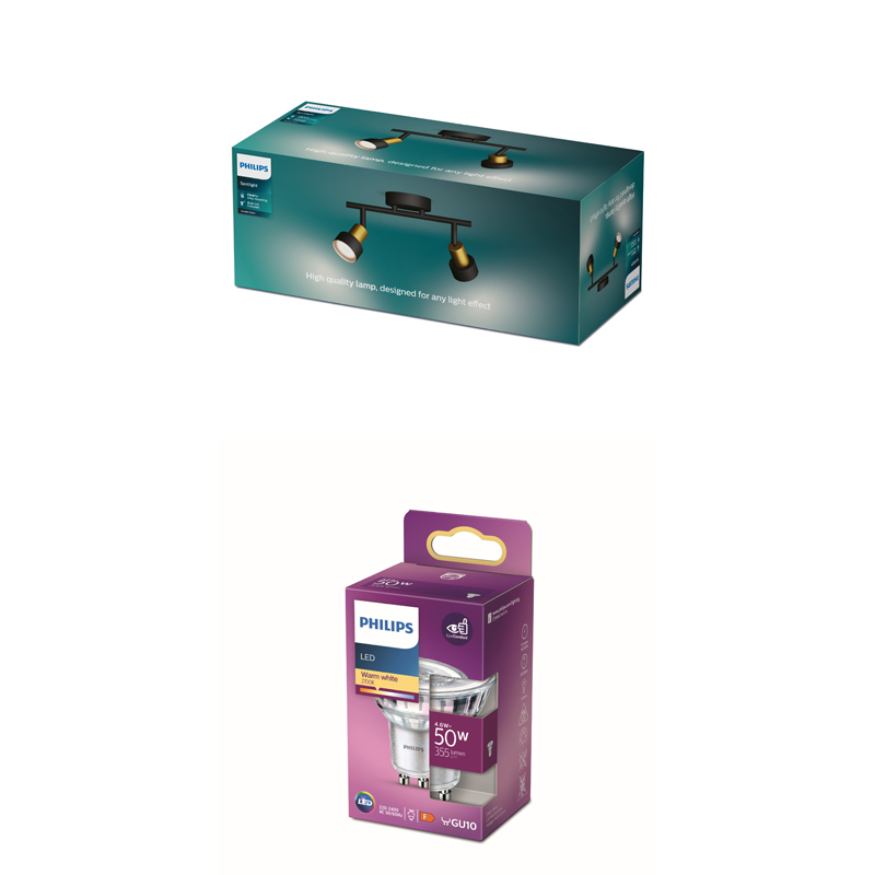 Philips-Verpackungen mit einem schwarzen Strahler oben und einer LED-Glühlampe unten auf weißem Hintergrund.