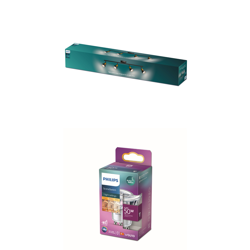 Eine Philips Leuchtenverpackung und eine Philips LED-Glühbirnenverpackung auf weißem Hintergrund.