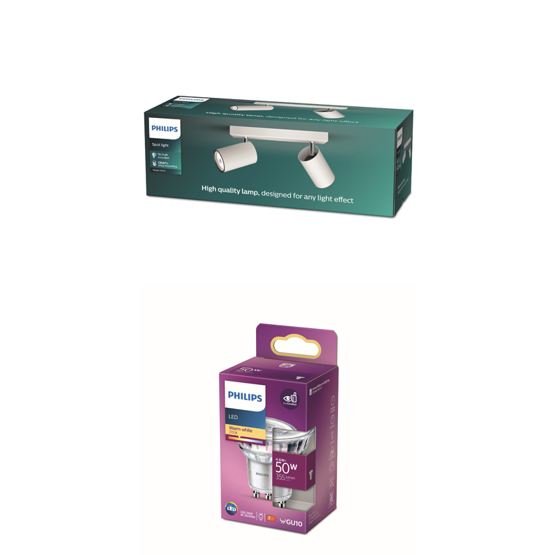 Philips-Produktverpackungen: eine lange grüne Box für einen Spot und eine lila Box für eine LED-Lampe.