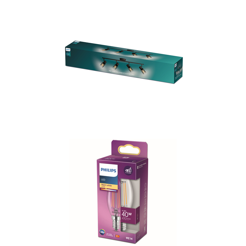 Philips Schienenleuchten-Verpackung in Türkis und Philips LED-Kerzenlampen-Verpackung in Lila und Weiß.