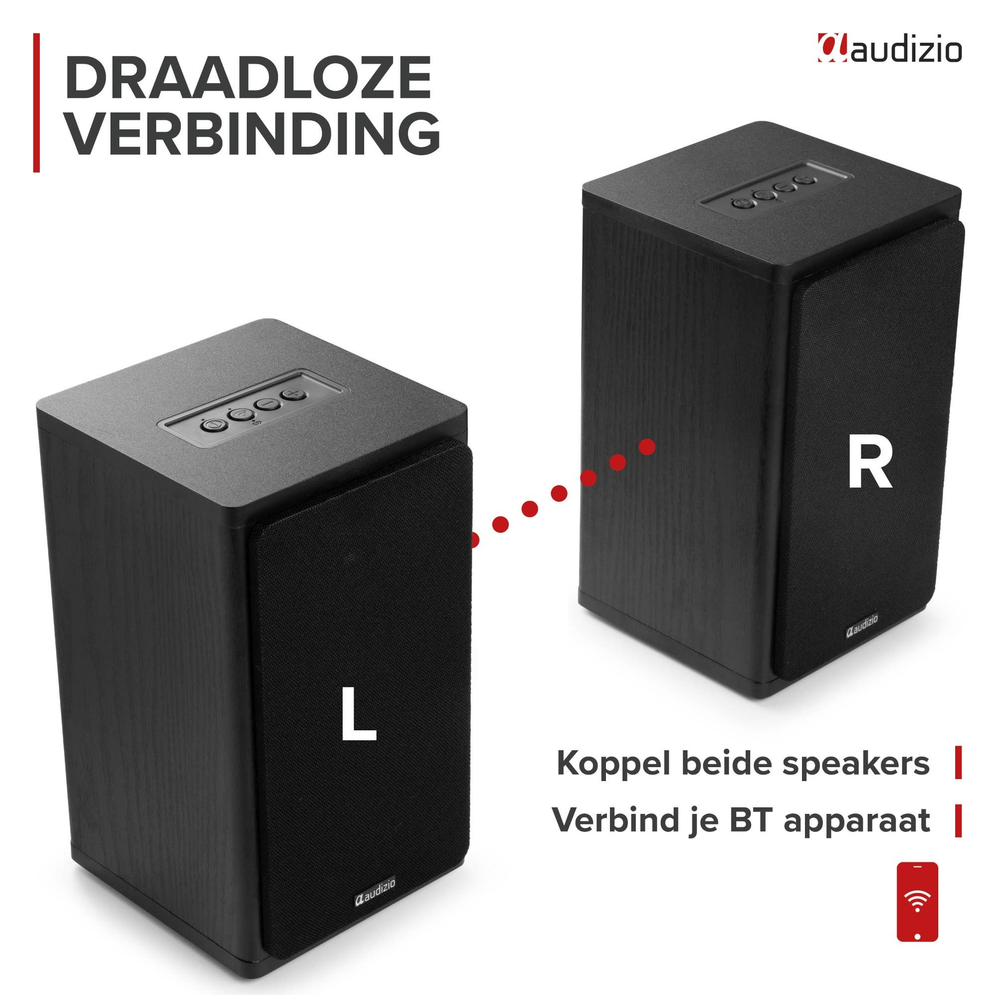 Dos altavoces Audizio negros con conexión inalámbrica y botones.