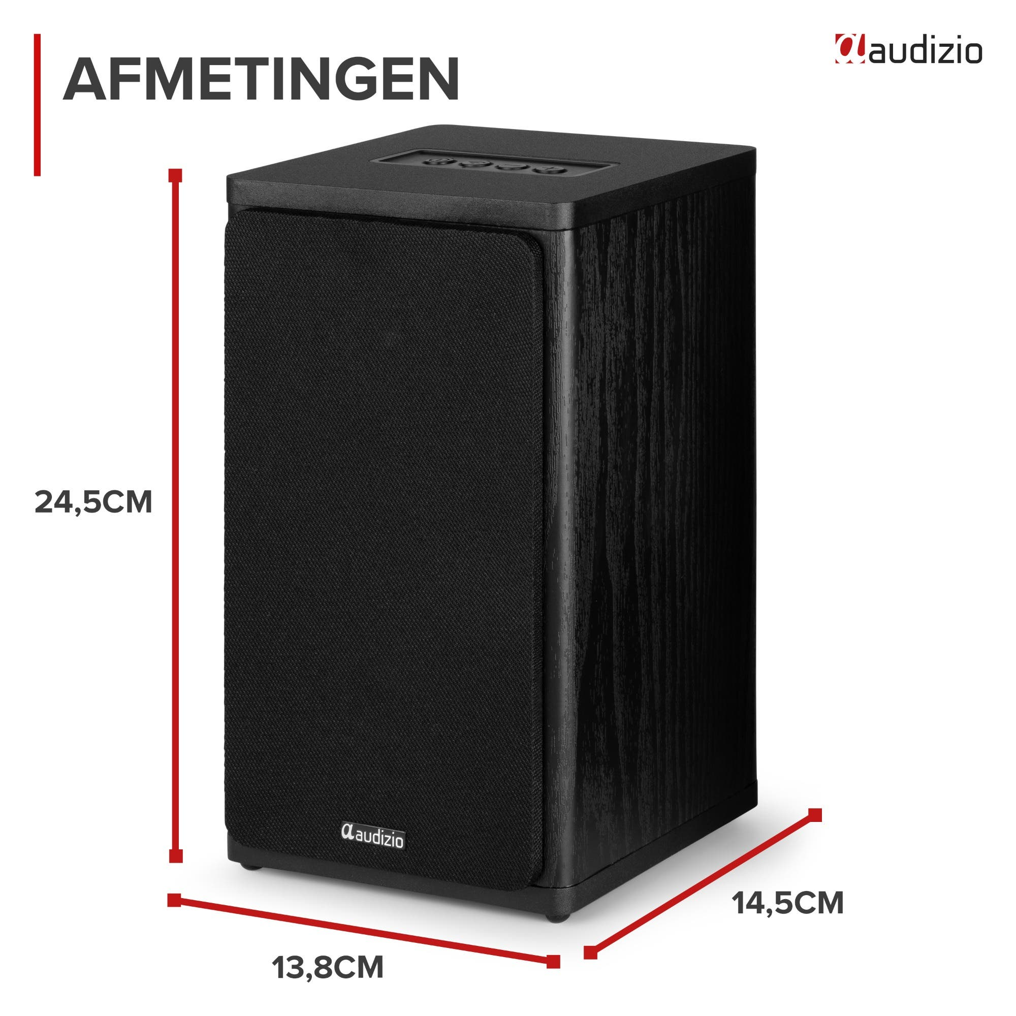 Altavoz Audizio negro con dimensiones: 24,5 cm de alto, 13,8 cm de ancho y 14,5 cm de fondo.