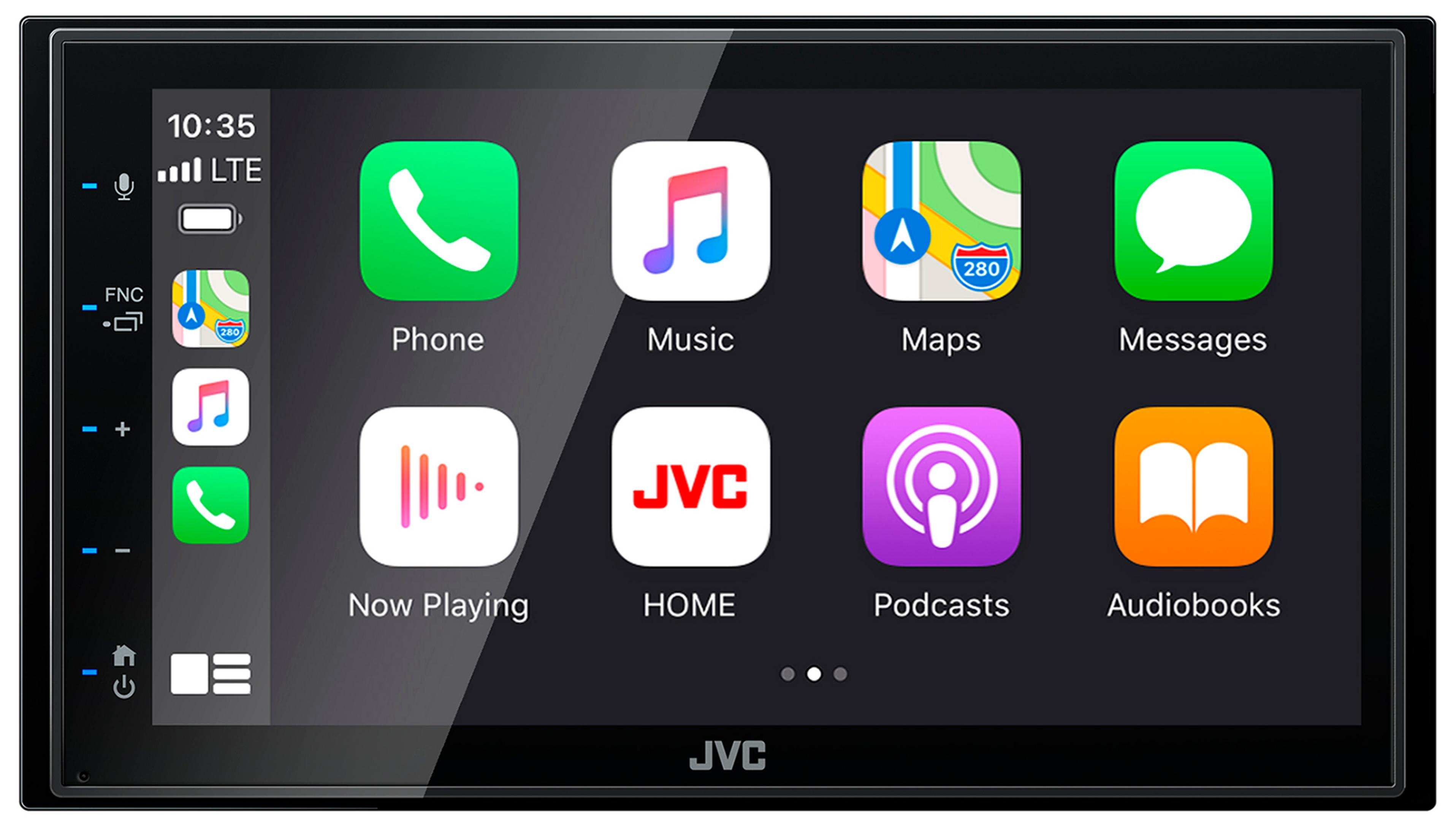 Ein JVC-Autoradio mit Touchscreen zeigt App-Symbole wie Telefon, Musik und Karten.