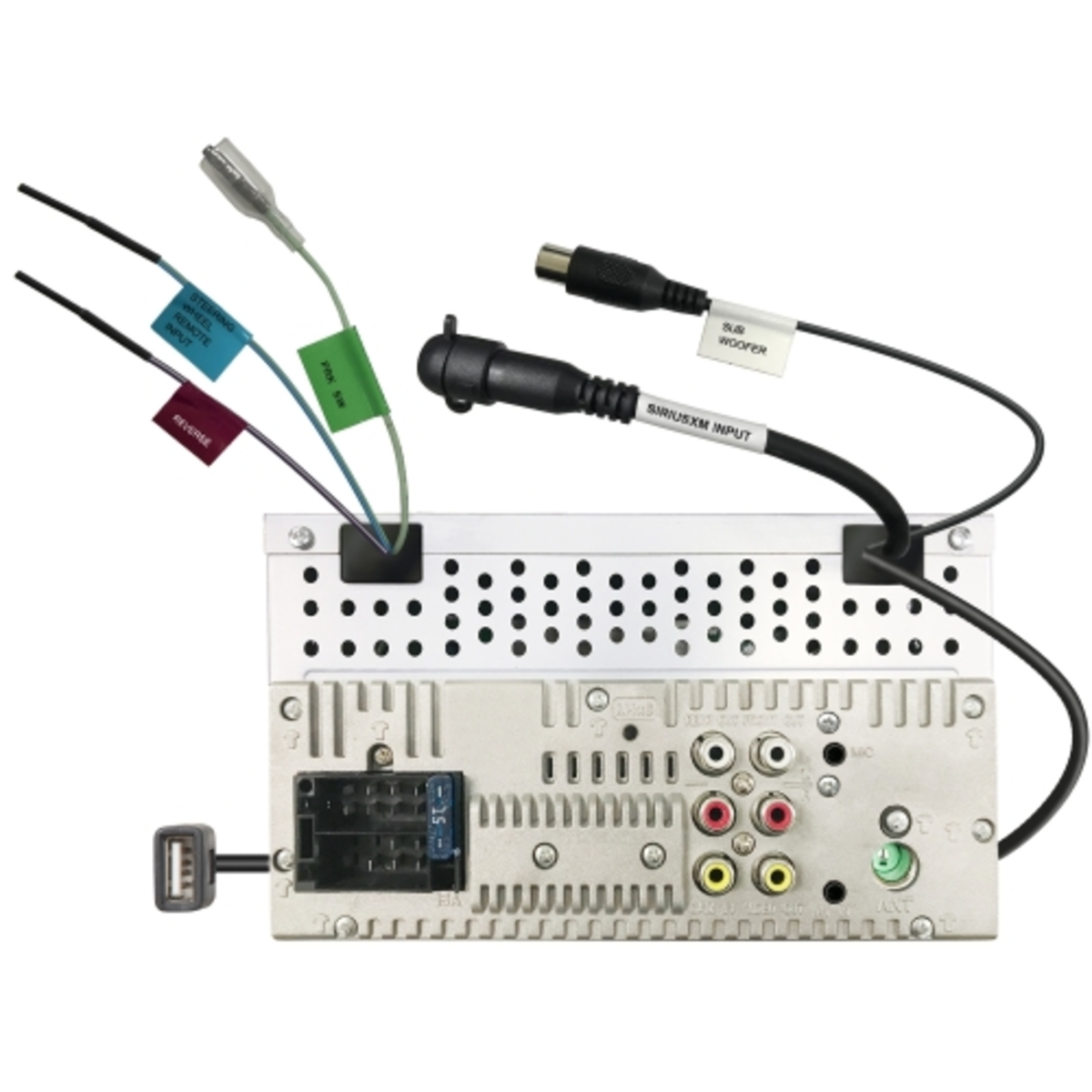 Rückansicht eines Autoradios mit Kabelbaum, Cinch-Anschlüssen, USB-Kabel und Antenneneingang.