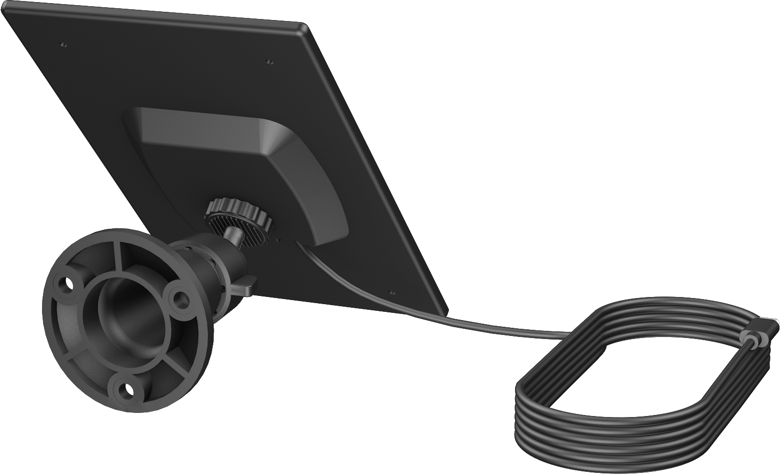 A black solar panel with a circular wall mount and a coiled black cable on a black background.