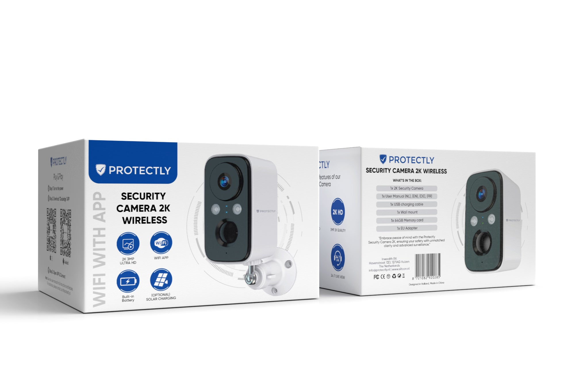 Two product boxes for a Protectly wireless 2K security camera, featuring images of the camera and icons.