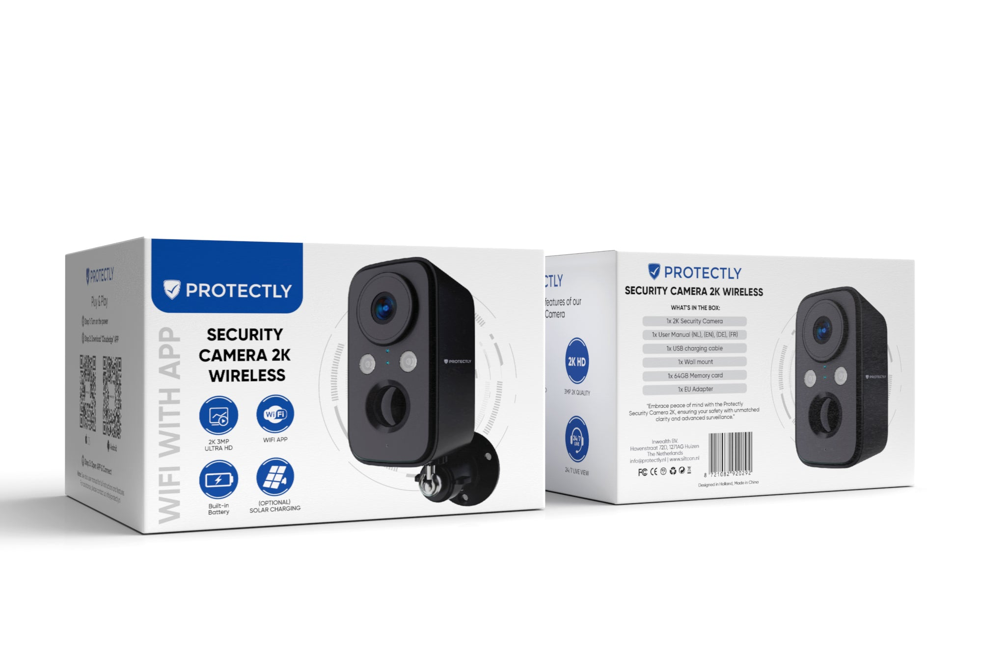 Two product packaging boxes for the Protectly Security Camera 2K Wireless display the camera and details.