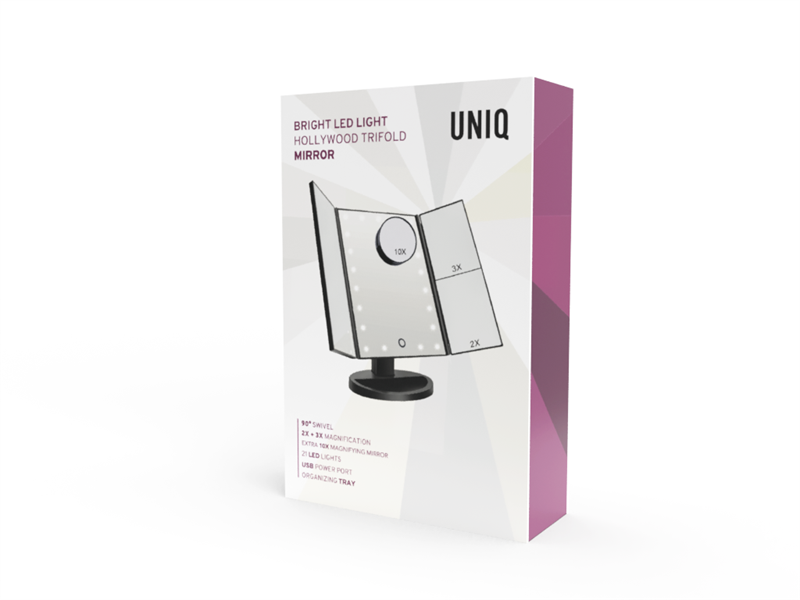 Confezione del prodotto per uno specchio da trucco a tre ante UNIQ Hollywood con luci LED.
