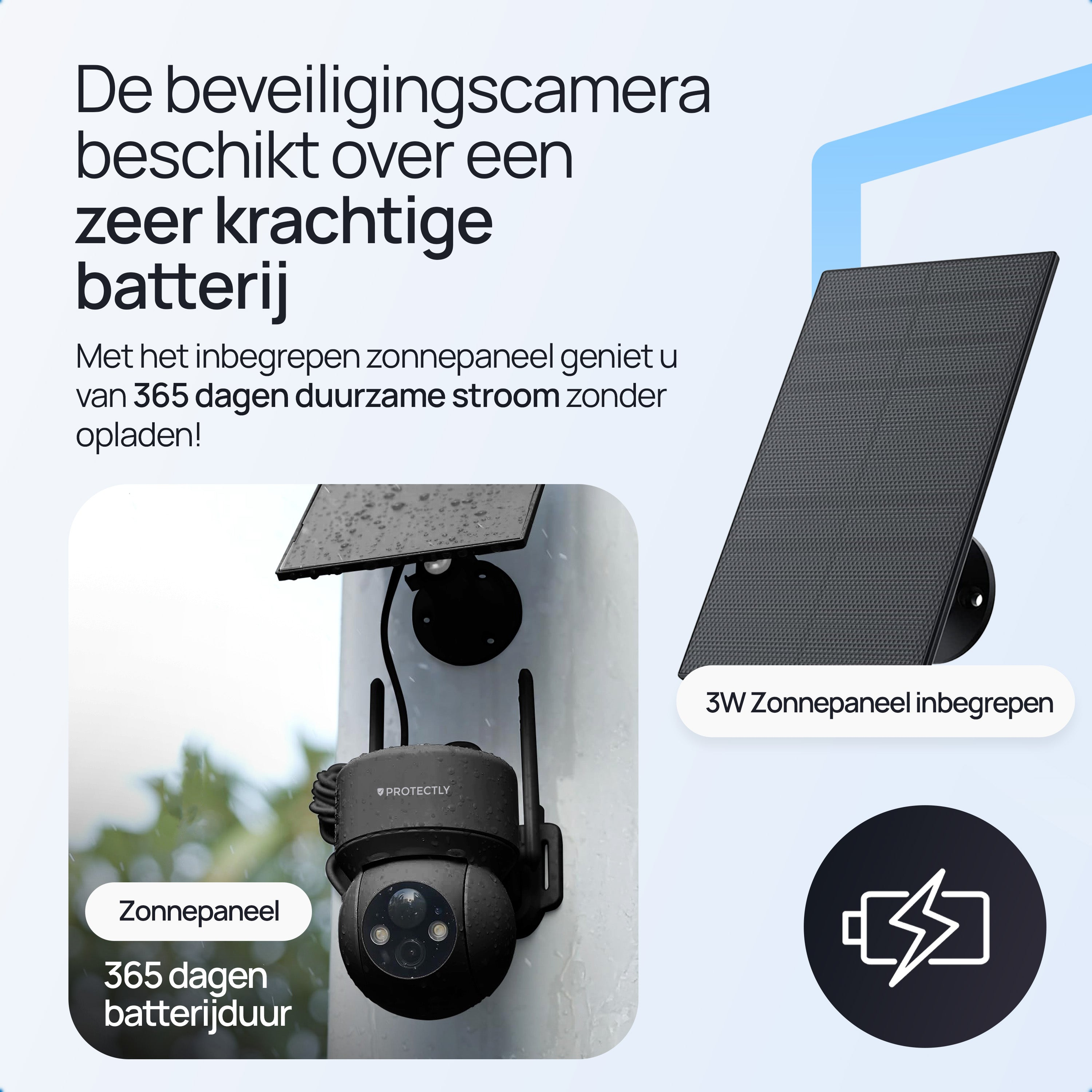 A black security camera with a solar panel advertising long battery life and Dutch text.