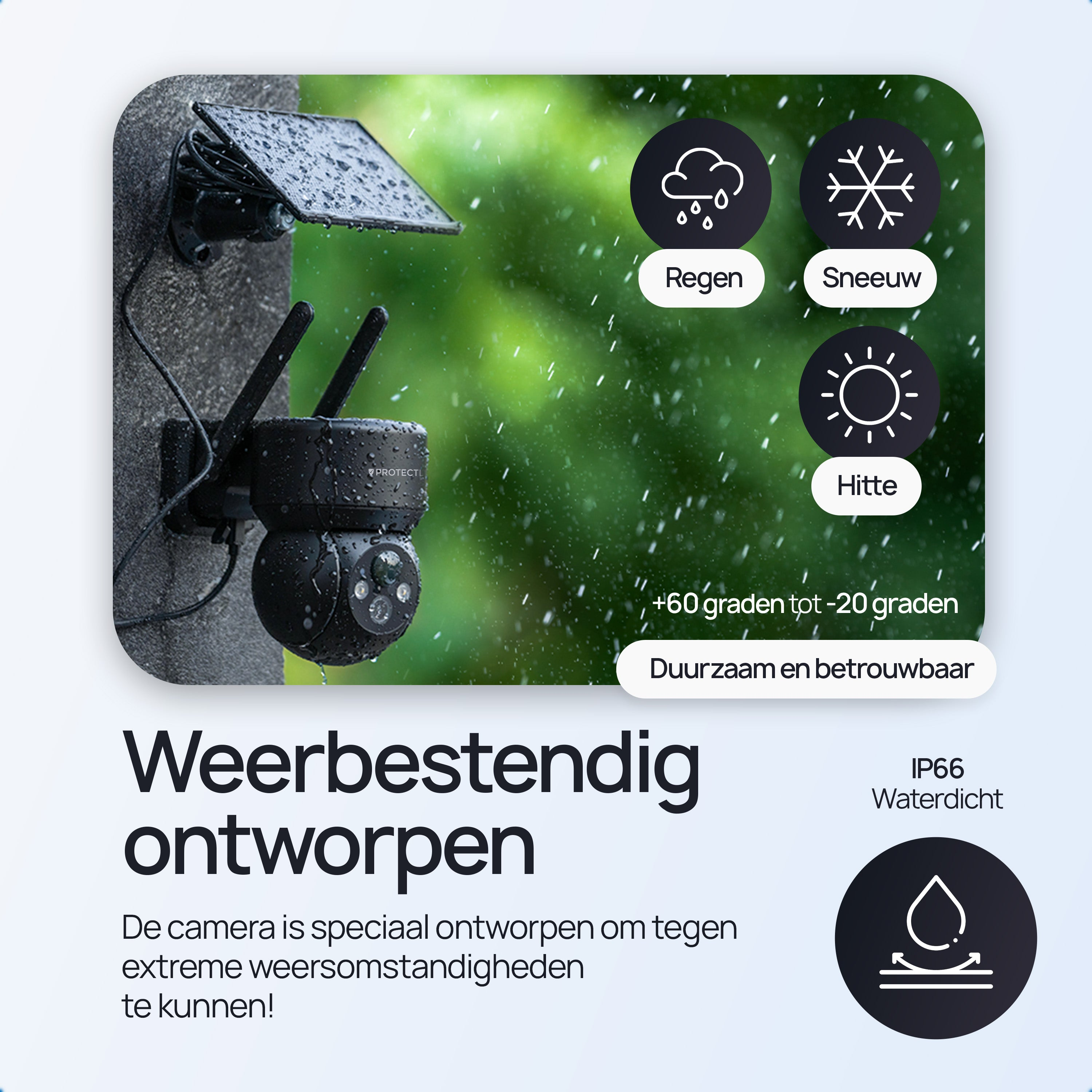 Weatherproof security camera in the rain with solar panel and icons for rain, snow, heat, and IP66 waterproof rating.