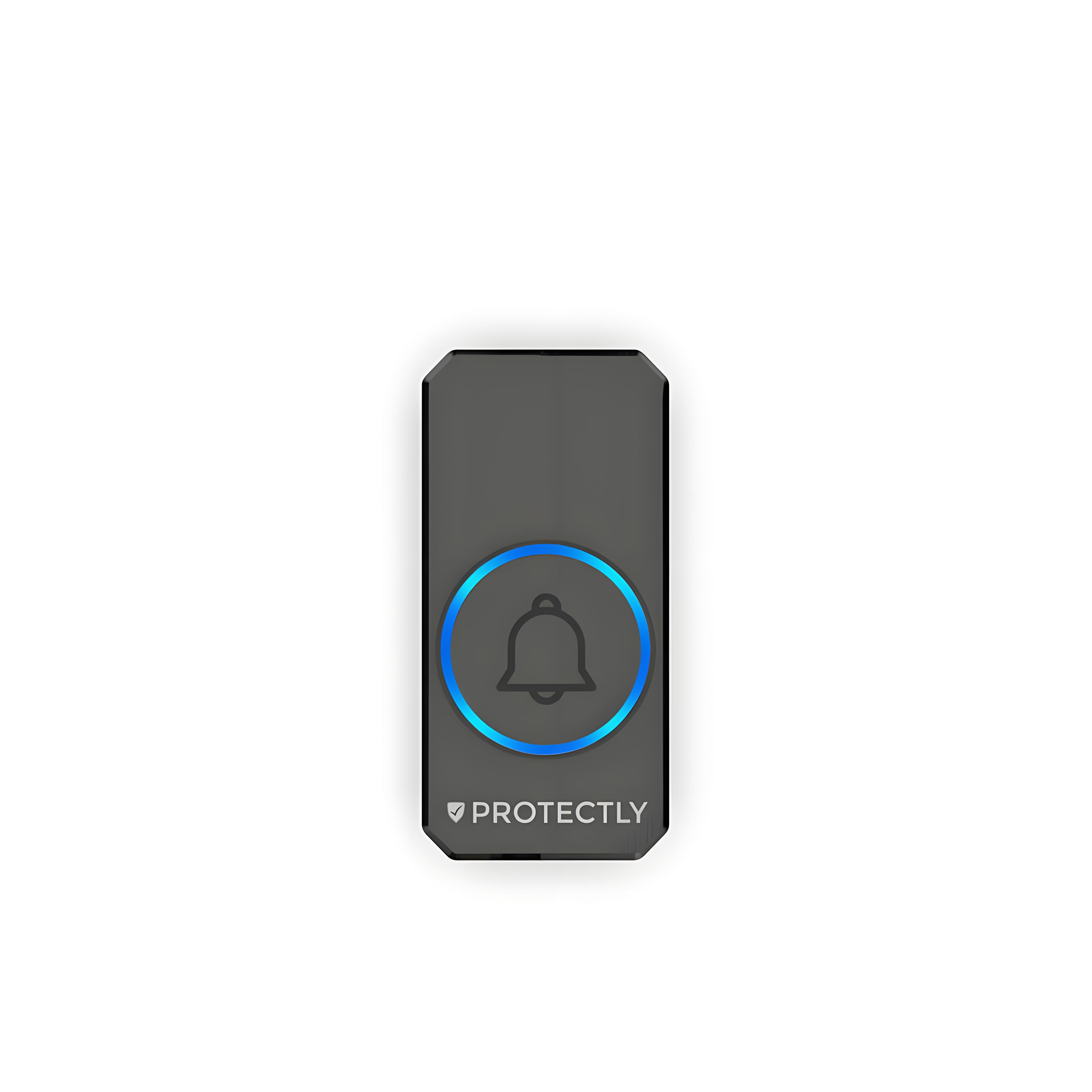 A grey video doorbell labeled Protectly features a glowing blue ring surrounding the bell icon.
