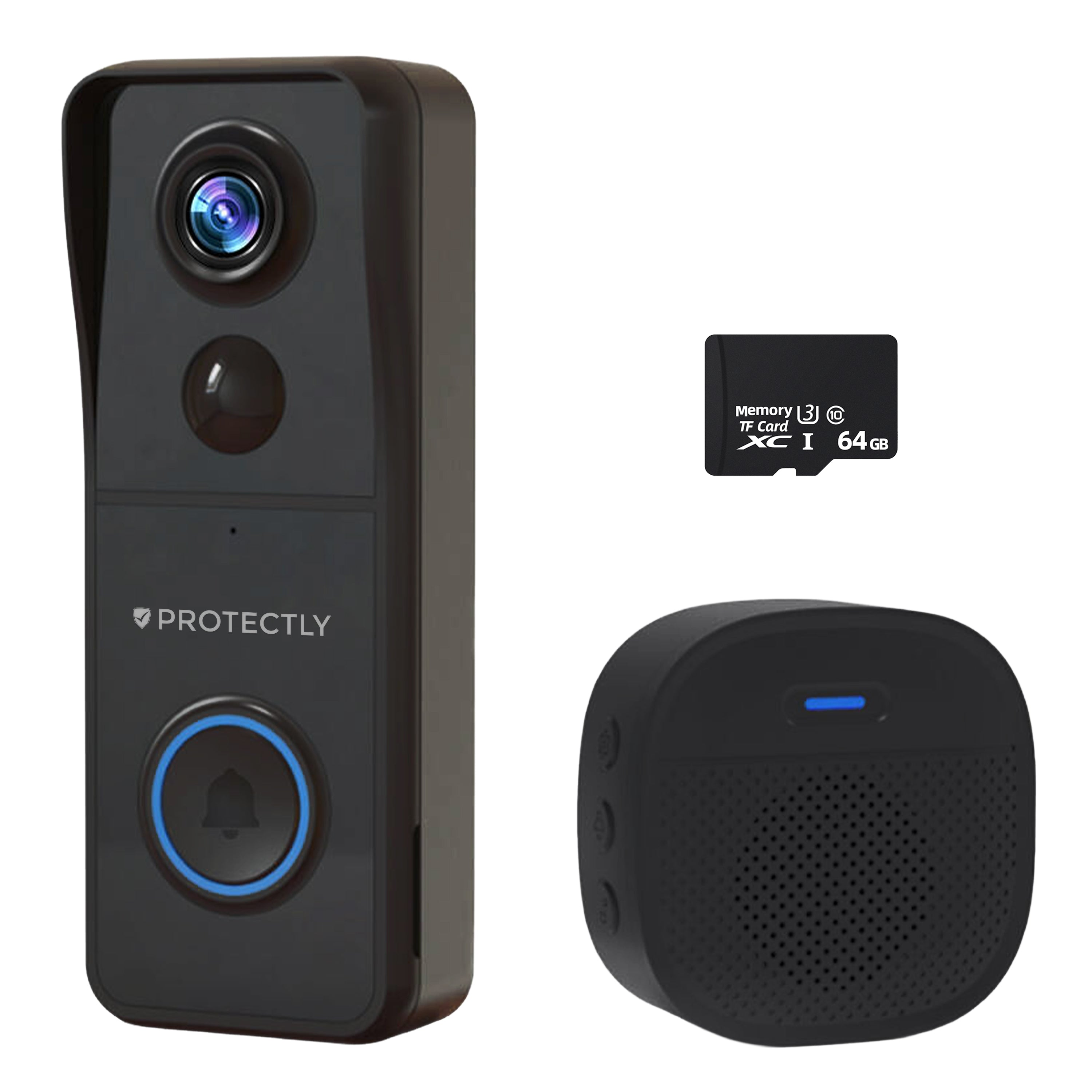 Black Protectly video doorbell with camera, 64GB memory card, and wireless chime.