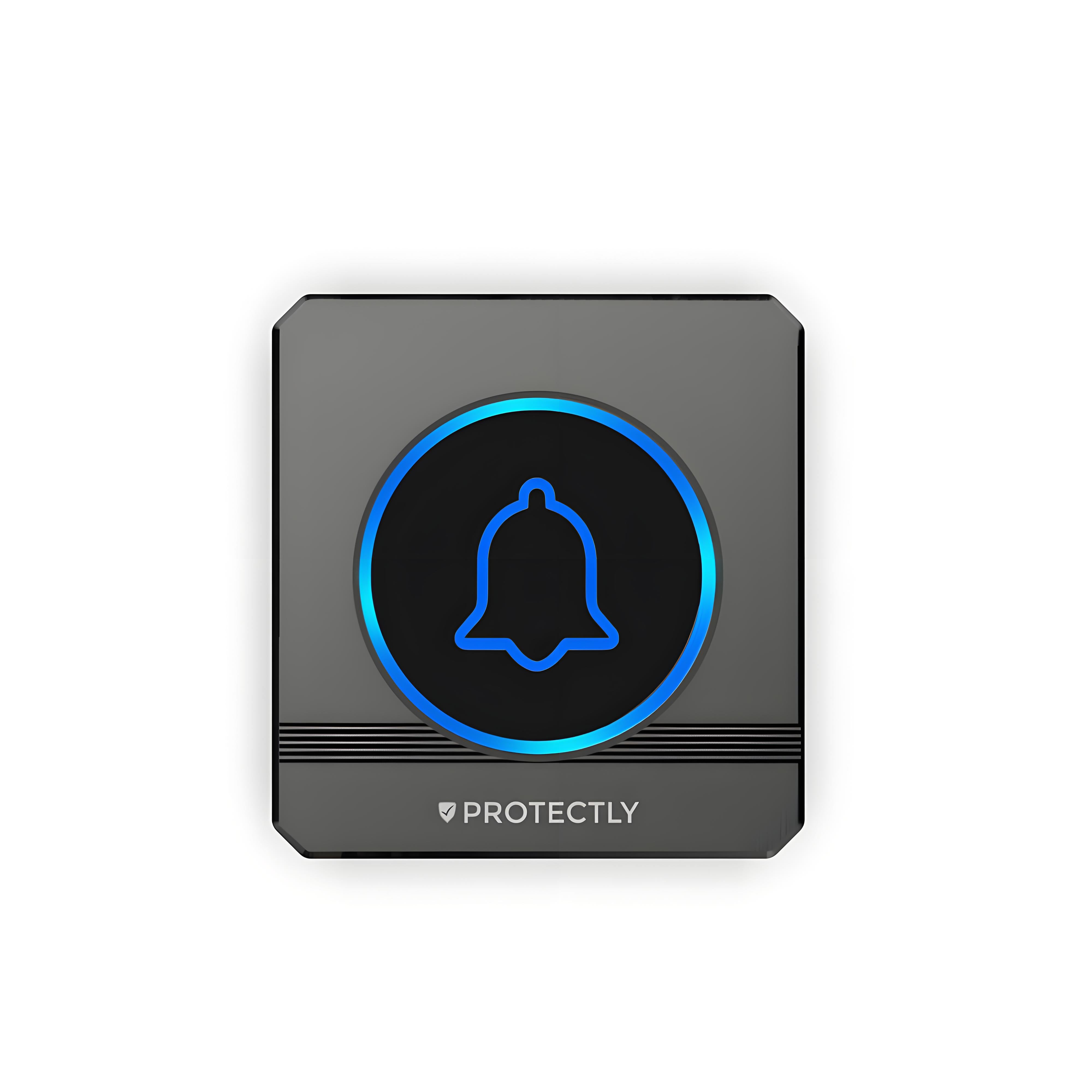 A gray Protectly doorbell with a blue LED ring and bell symbol on a white background.