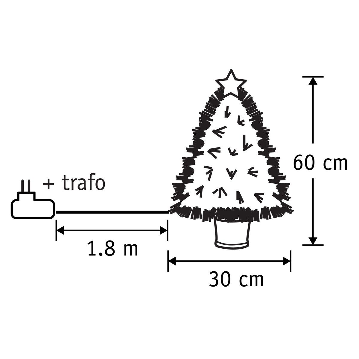 Diagramm eines Tannenbaums mit 60 cm Höhe, 30 cm Breite und 1,8 m Kabel mit Stecker.