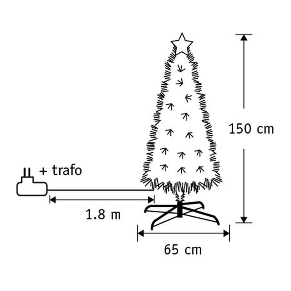 Diagram of a 150 cm Christmas tree with a 65 cm stand, star topper, and 1.8 m cord with a transformer.