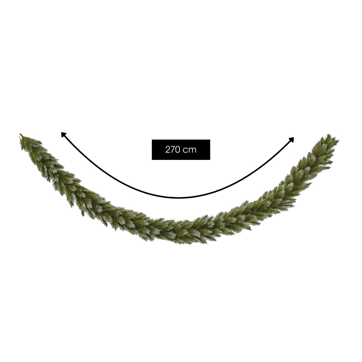 Une guirlande de Noël artificielle verte incurvée de 270 cm de long sur fond blanc.
