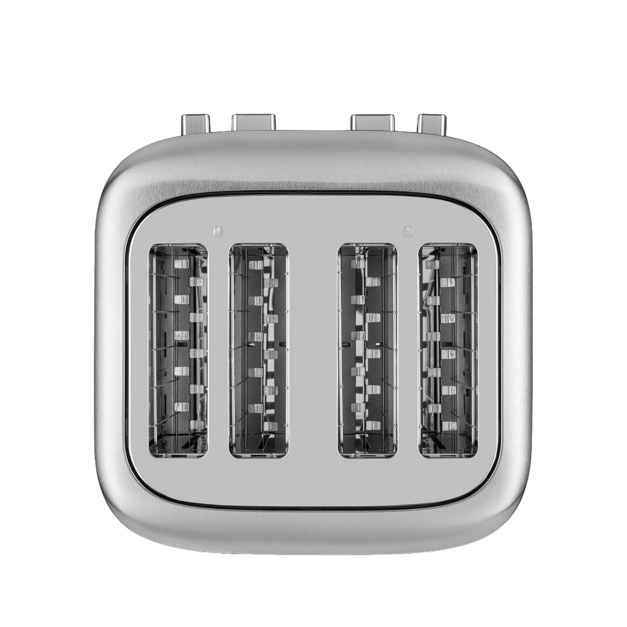 Ein silberner Vier-Schlitz-Toaster von oben auf weißem Hintergrund gesehen.