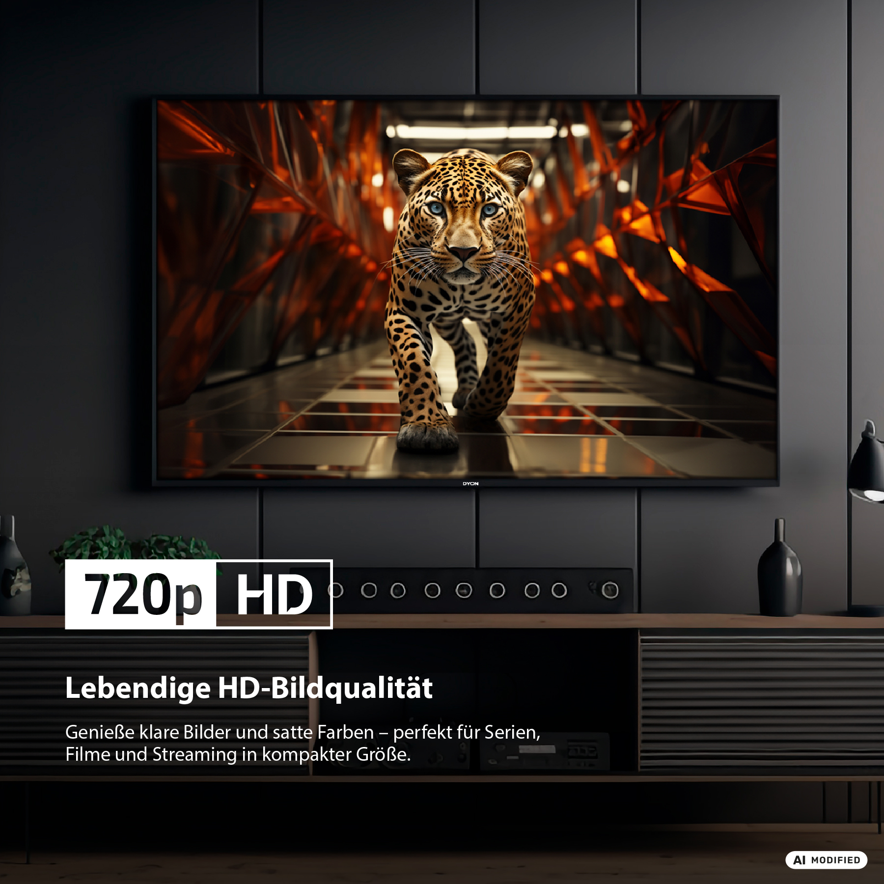 Ein Fernseher zeigt einen Leopard in einem futuristischen Flur, platziert auf einem Holzschrank in einem Raum.