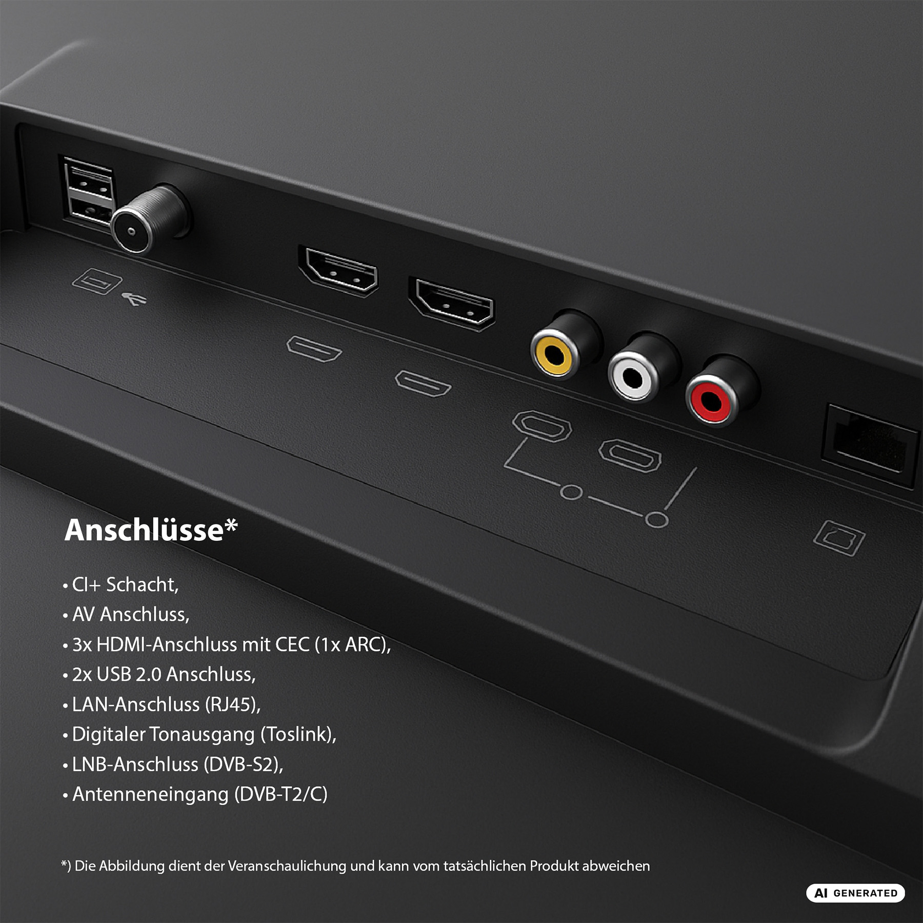 Rückseite eines Fernsehgeräts mit verschiedenen Anschlüssen wie HDMI, USB, Audio und Antenne, mit deutscher Beschriftung.