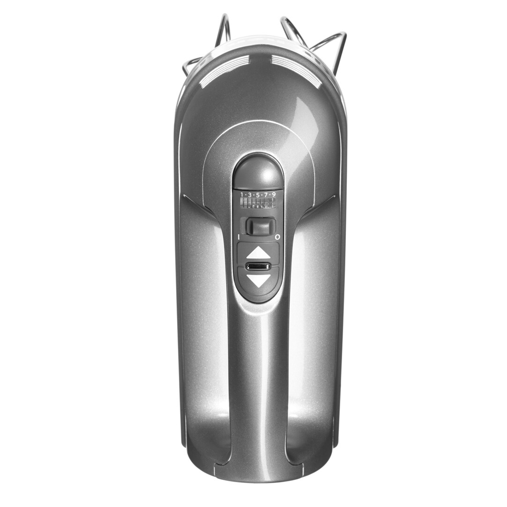 Ein grauer elektrischer Handmixer mit Geschwindigkeitsregler und Auswurftaste auf weißem Hintergrund.