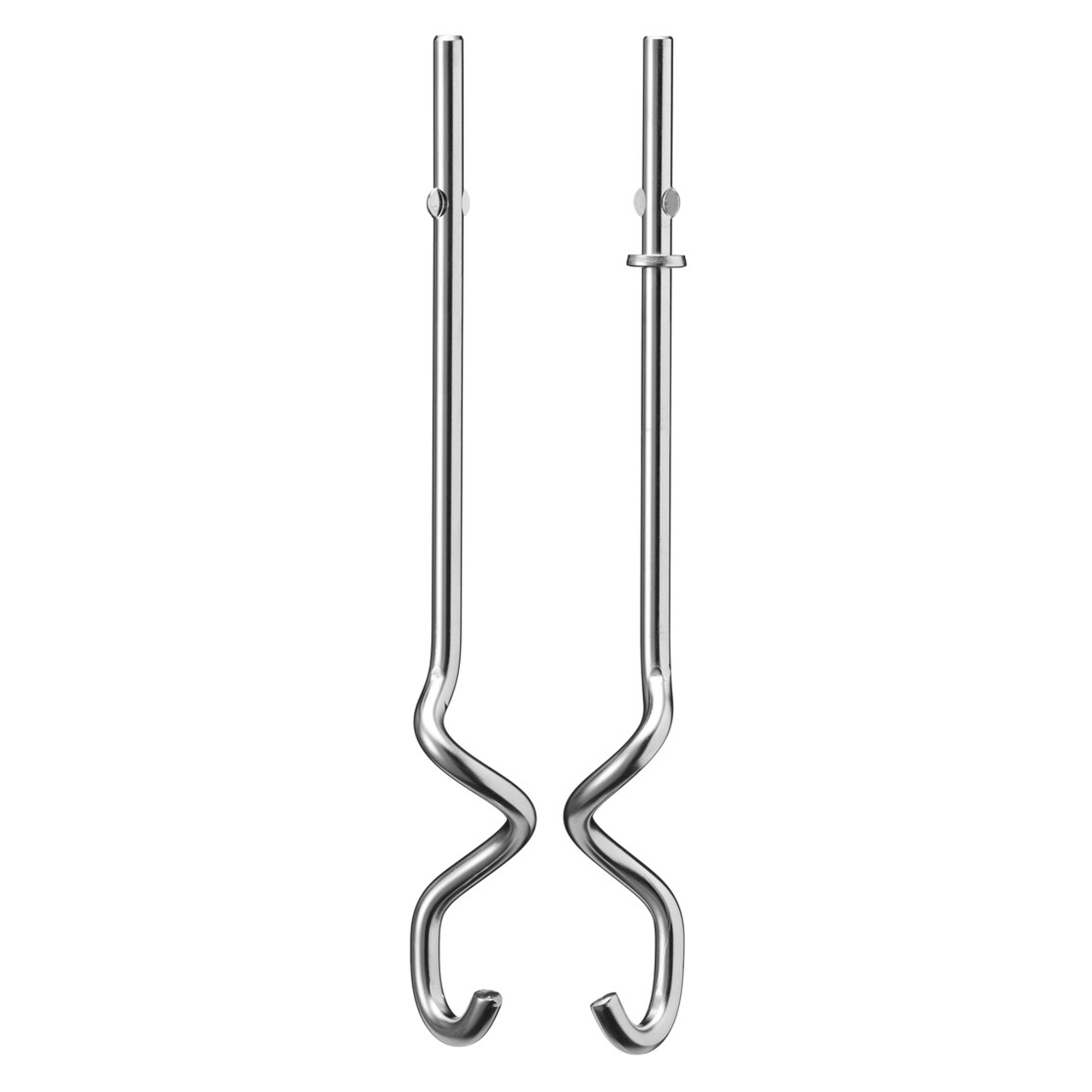 Zwei silberne Edelstahl-Knethaken für einen Handmixer auf weißem Hintergrund.