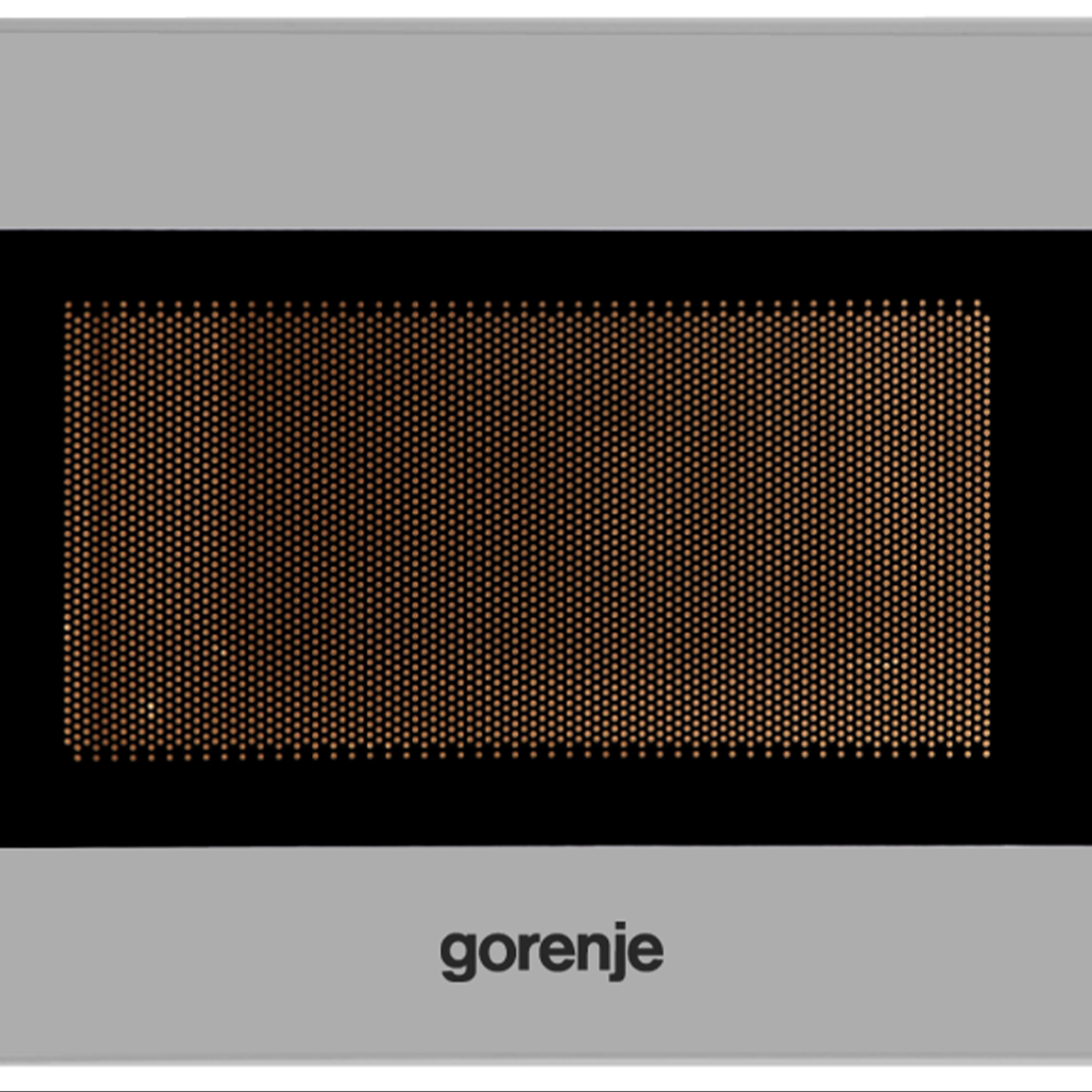 Frontansicht einer silbernen Gorenje-Mikrowelle mit schwarzem Sichtfenster und orangefarbenem Innenlicht.