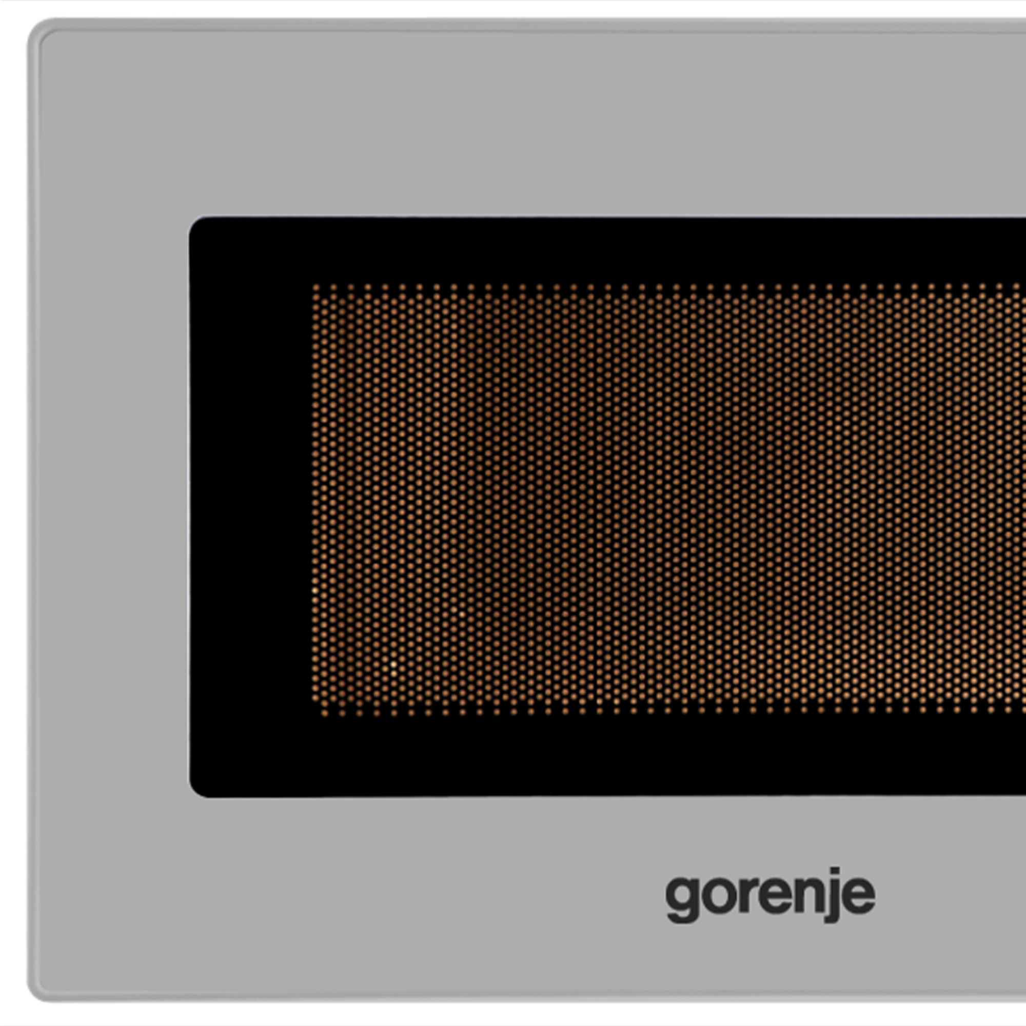 Nahaufnahme einer silbernen Gorenje-Mikrowellentür mit schwarzem Rahmen und Lochgitter.