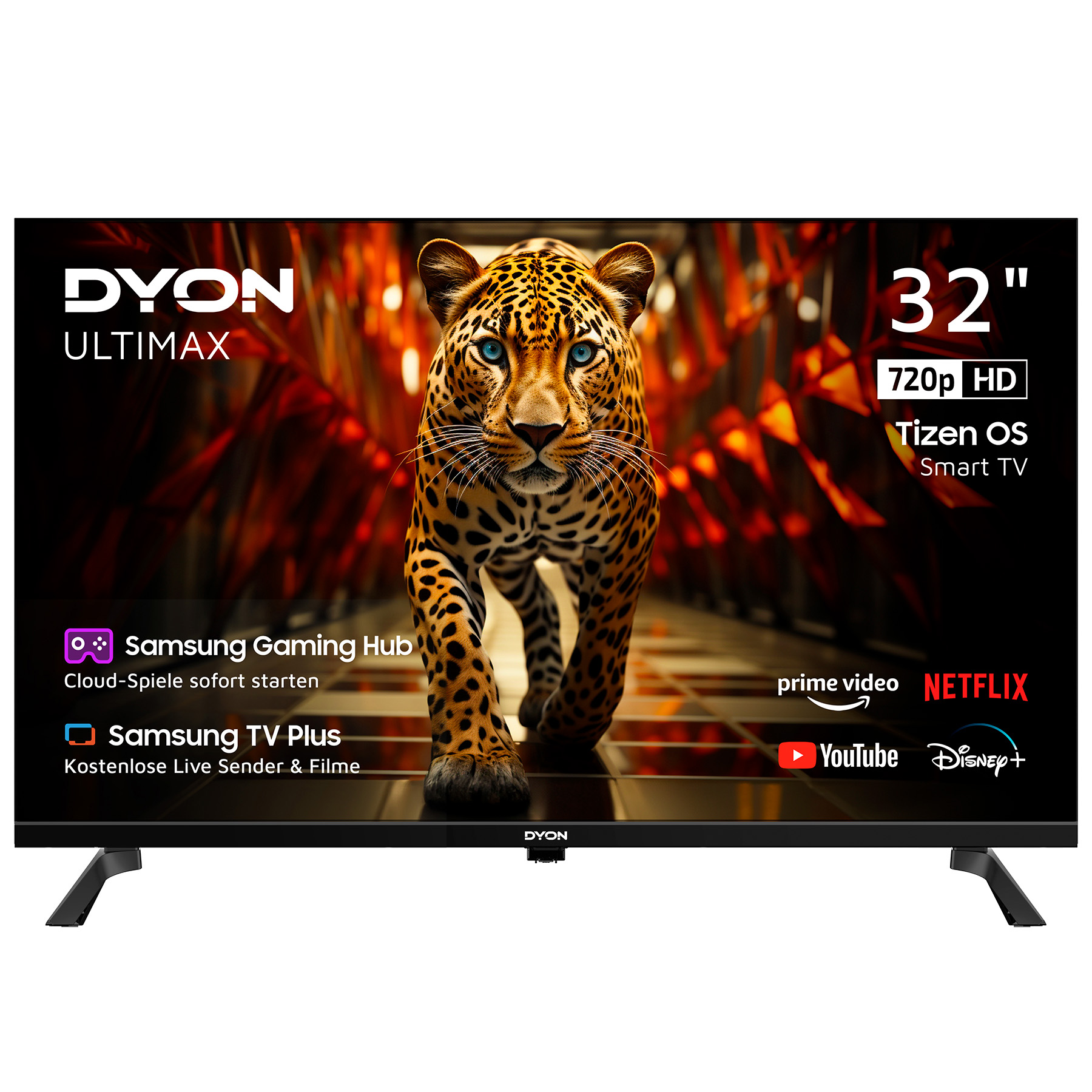 Una smart TV Dyon da 32 pollici mostra un leopardo in corsa e i loghi dei servizi di streaming.