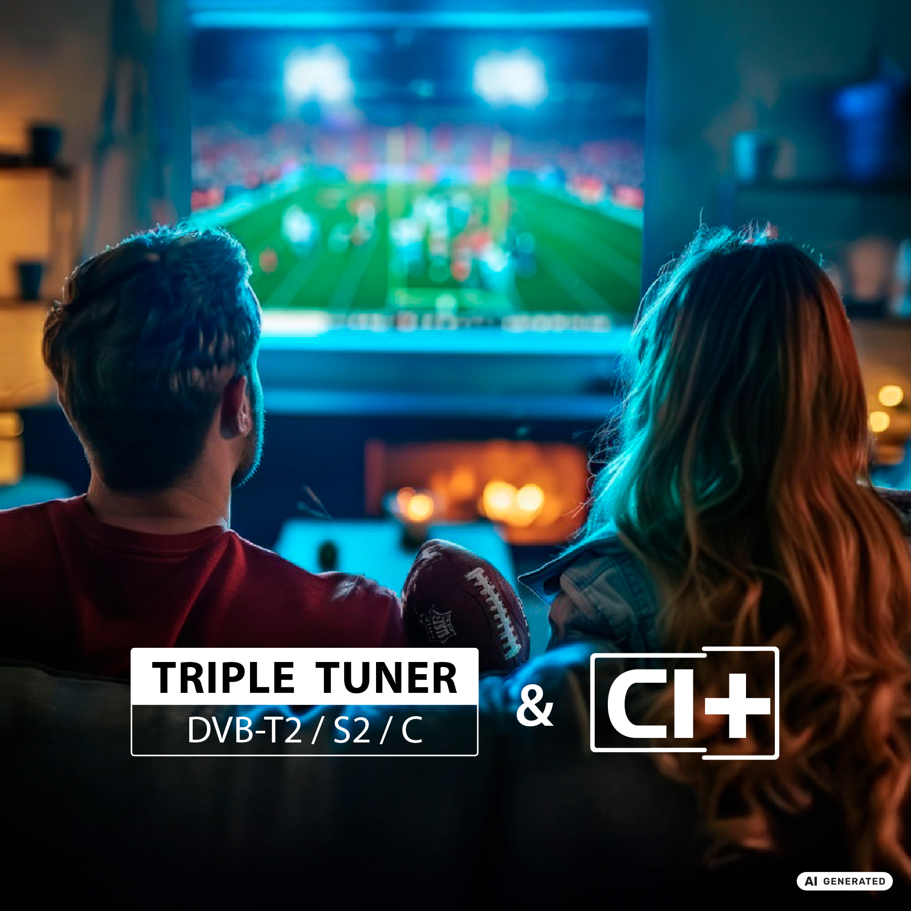 Paar sitzt auf dem Sofa und schaut American Football im Fernsehen, Textblöcke unten zeigen Tuner- und CI+-Informationen.