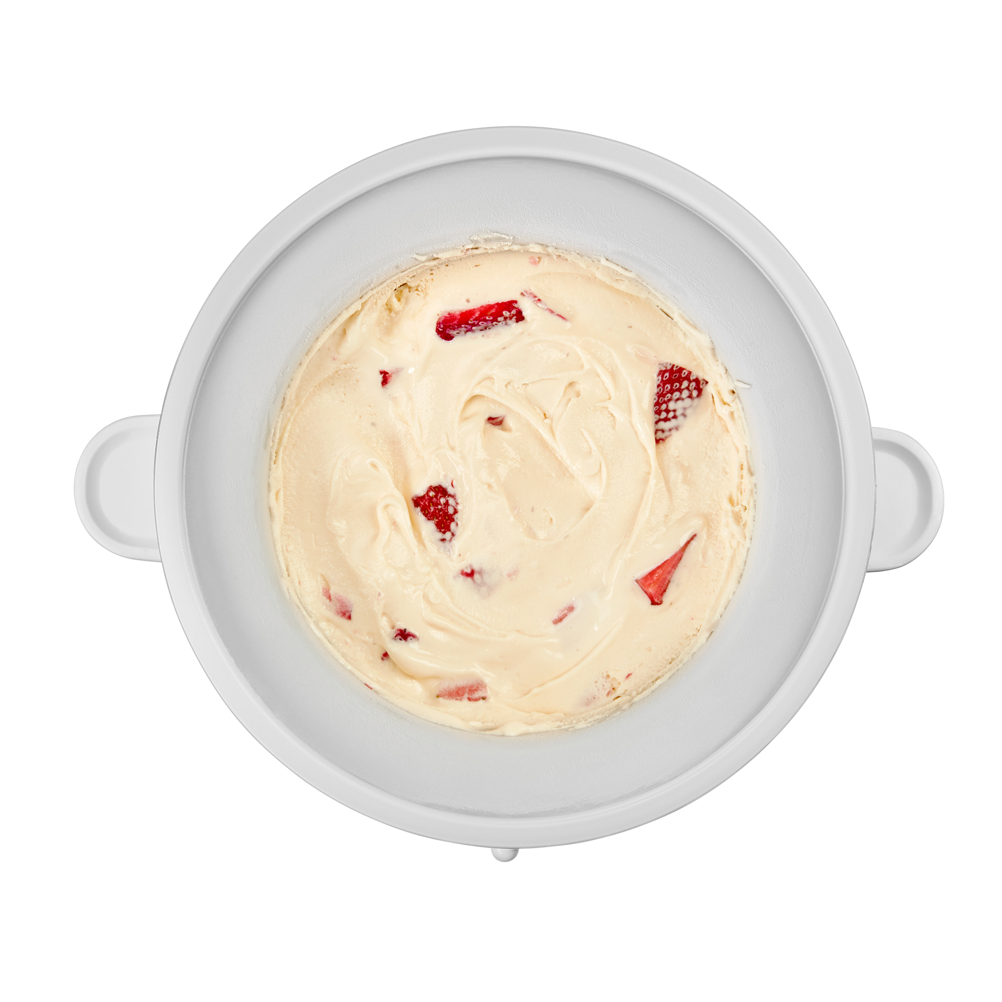 Vista dall'alto di gelato cremoso alla fragola in una gelatiera bianca.