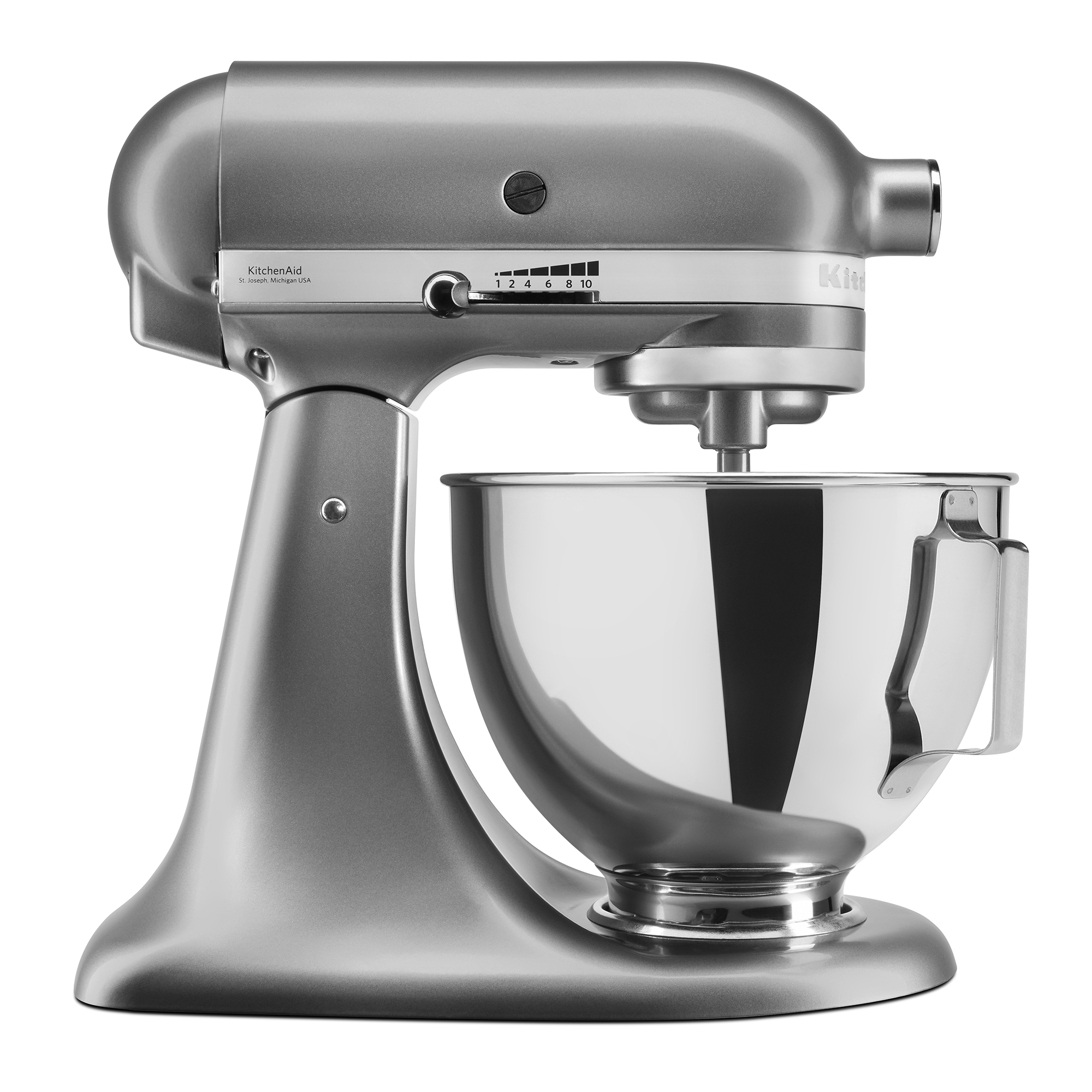 Graue KitchenAid-Standmixer mit glänzender Edelstahl-Rührschüssel auf weißem Hintergrund.