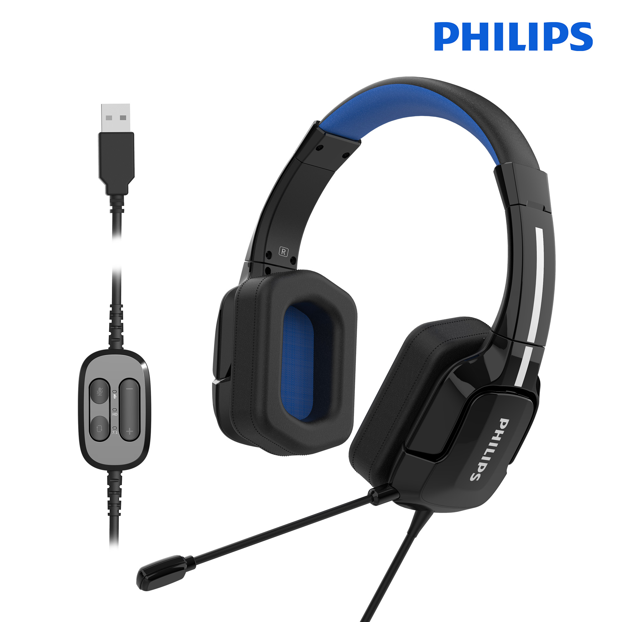 Schwarze Philips-Gaming-Headset mit blauem Innenband, Mikrofon und USB-Kabel mit Inline-Steuerung auf weißem Grund.