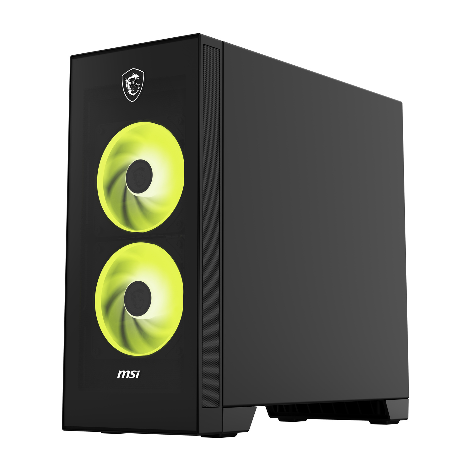 Case per PC MSI nero con due ventole giallo brillante sul davanti su sfondo bianco.