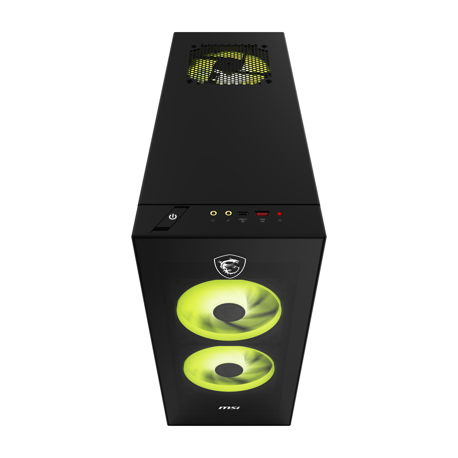 Tower PC nero con ventole anteriori e superiori gialle luminose, porte e pulsante di accensione.