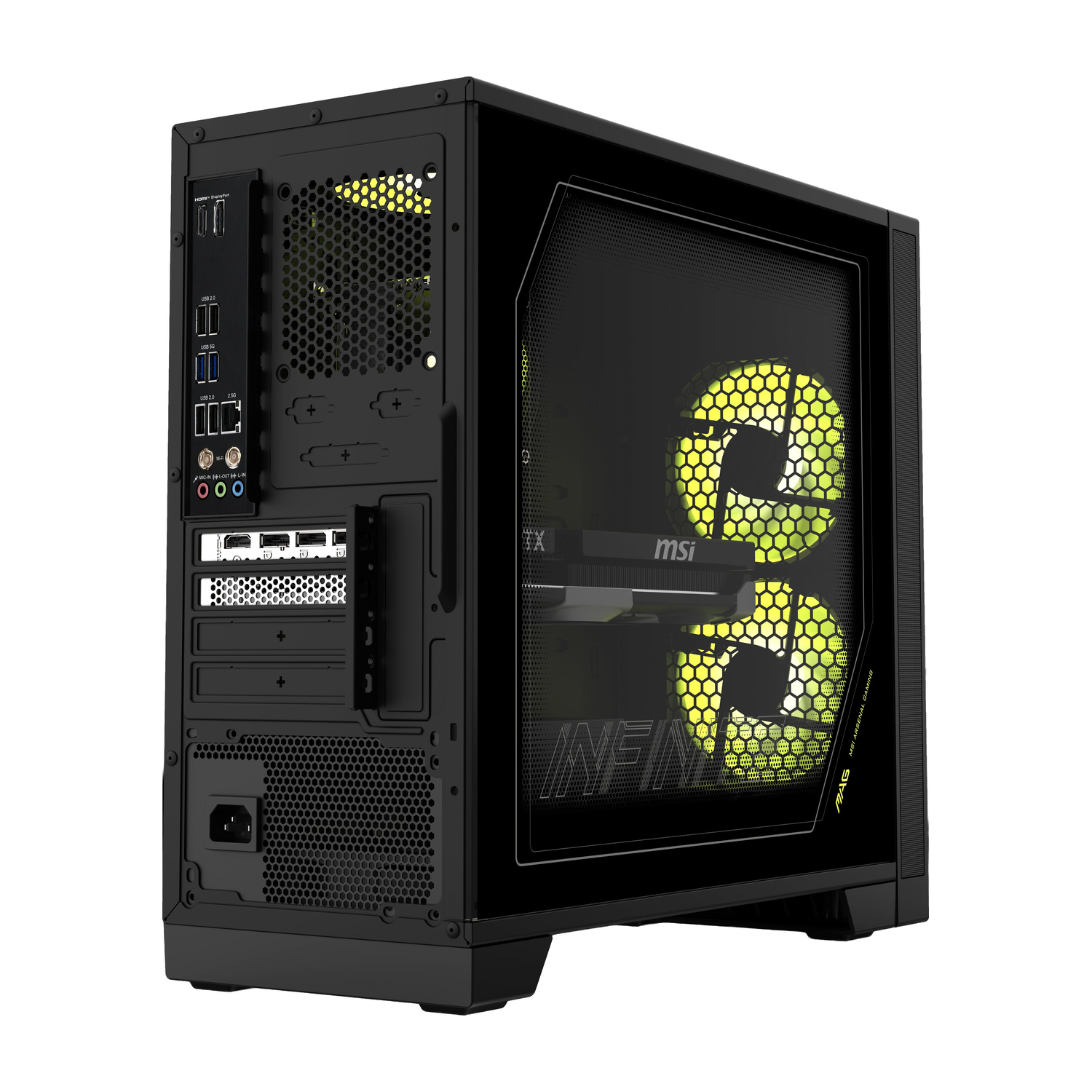 PC da gioco MSI nero con ventole luminose giallo vivo all'interno e porte sul retro.